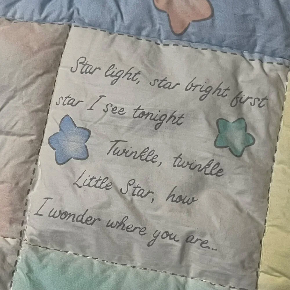 Vintage Geoffrey Toys R Us Baby Quilt Crib Comforter Moon Stars Yellow Blue 1995